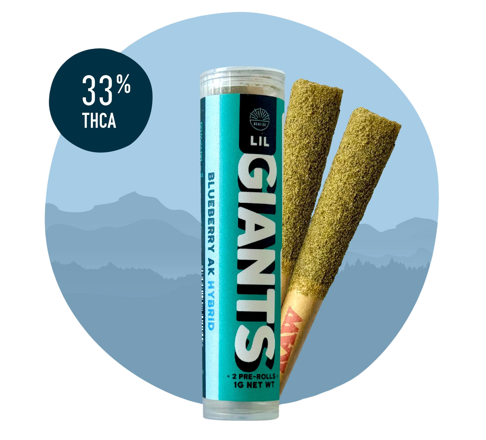 Realize Lil Giants Blueberry AK hybrid THCA pre-rolls with 33% THCA in tube packaging