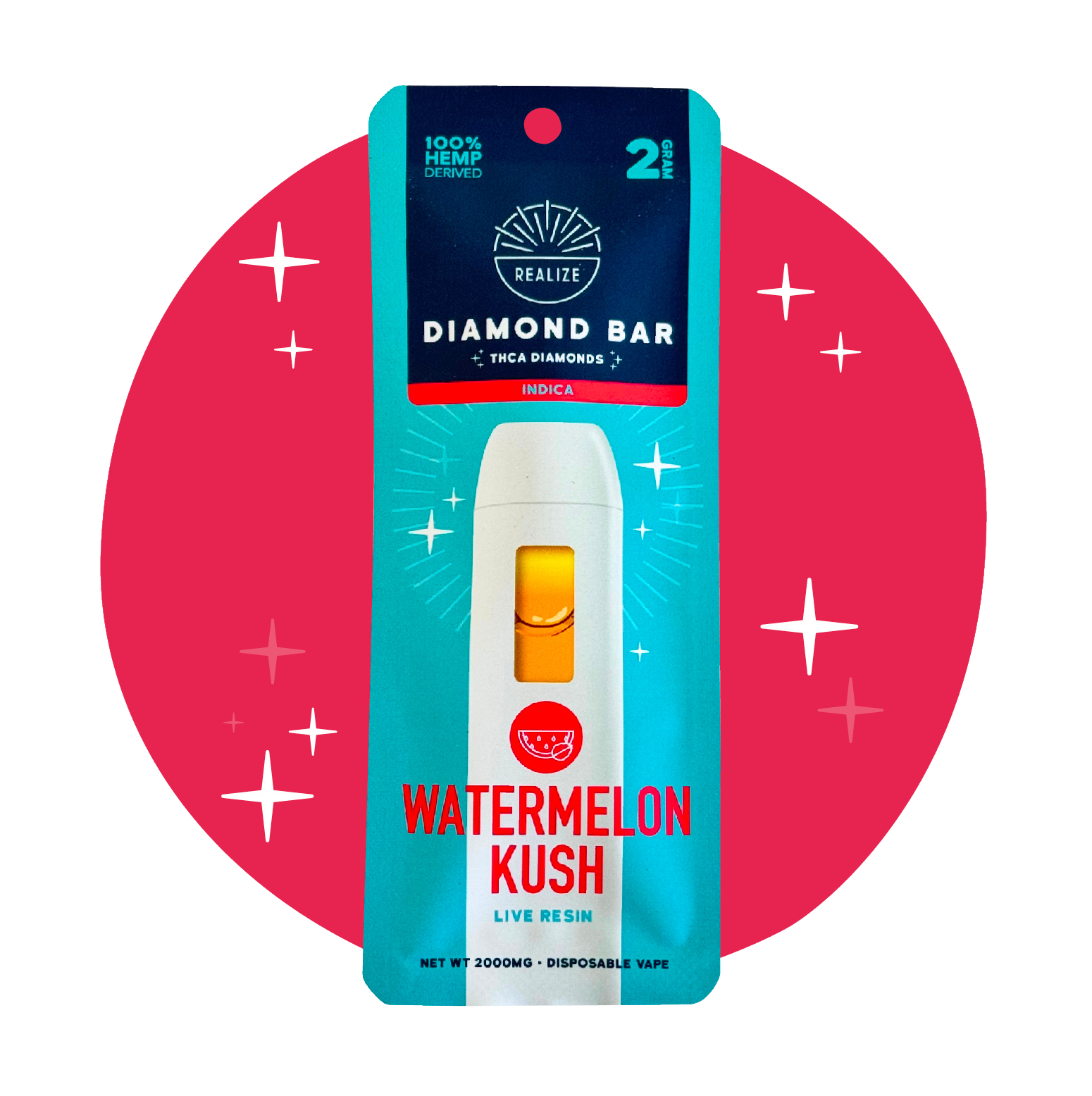 Realize Watermelon Kush THCA Diamond Bar disposable vape packaging front, indica strain with live resin, 2 gram vape featuring white device and red watermelon-themed design