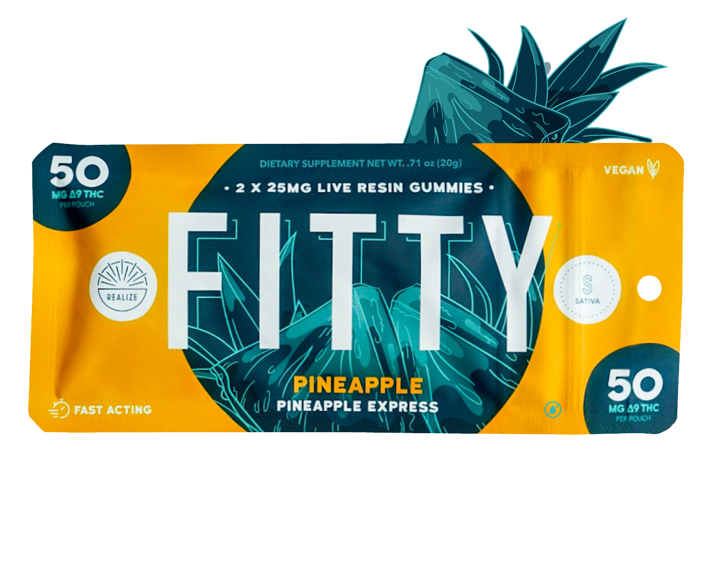 Realize DYE FREE FITTY Pineapple Express live resin gummies sativa with 50mg Delta-9 THC per pouch
