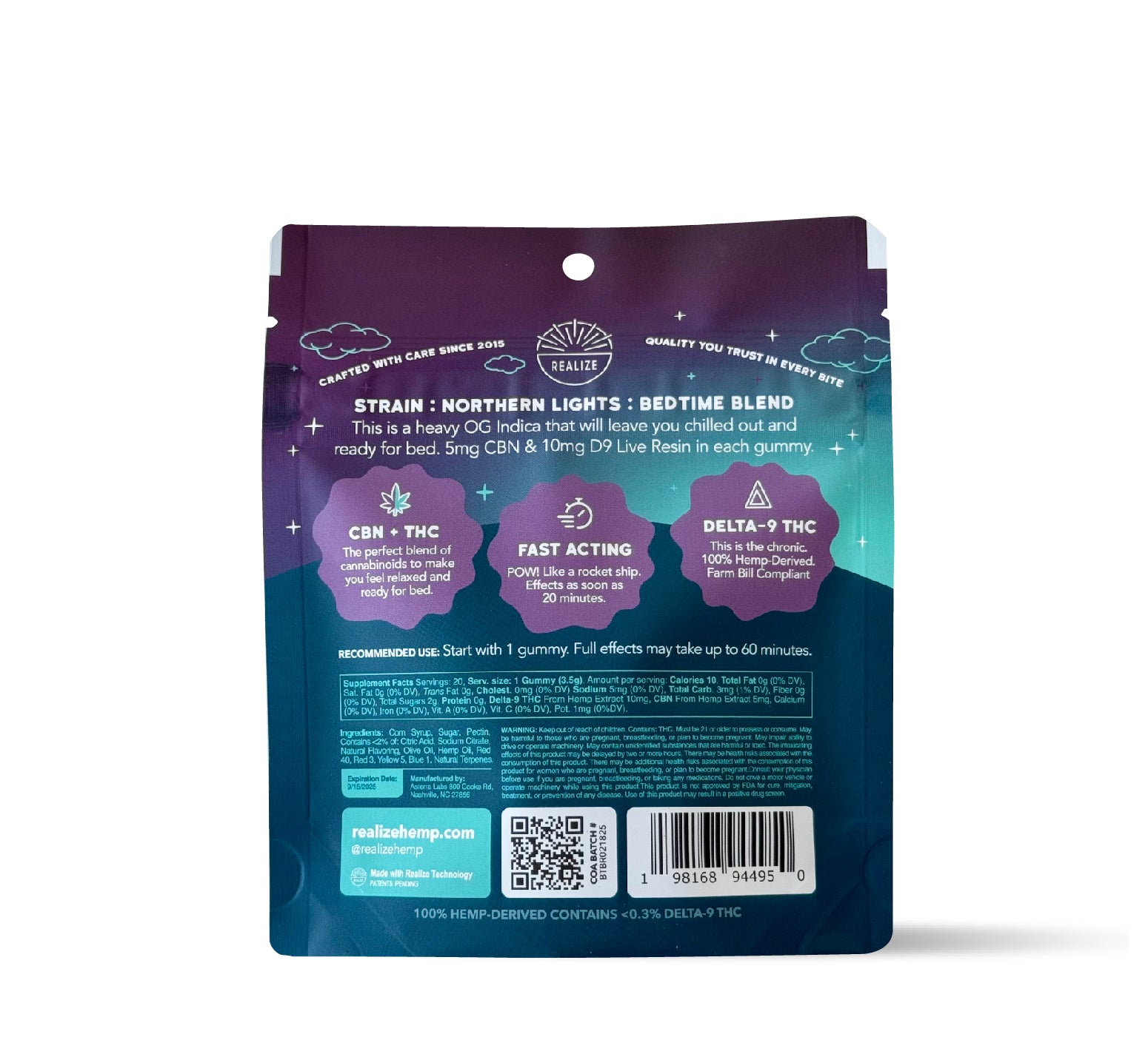 Realize Bedtime Black Raspberry Northern Lights live resin gummies packaging back panel with CBN + THC blend, fast acting info, Delta-9 THC details, ingredients, barcode, and QR code