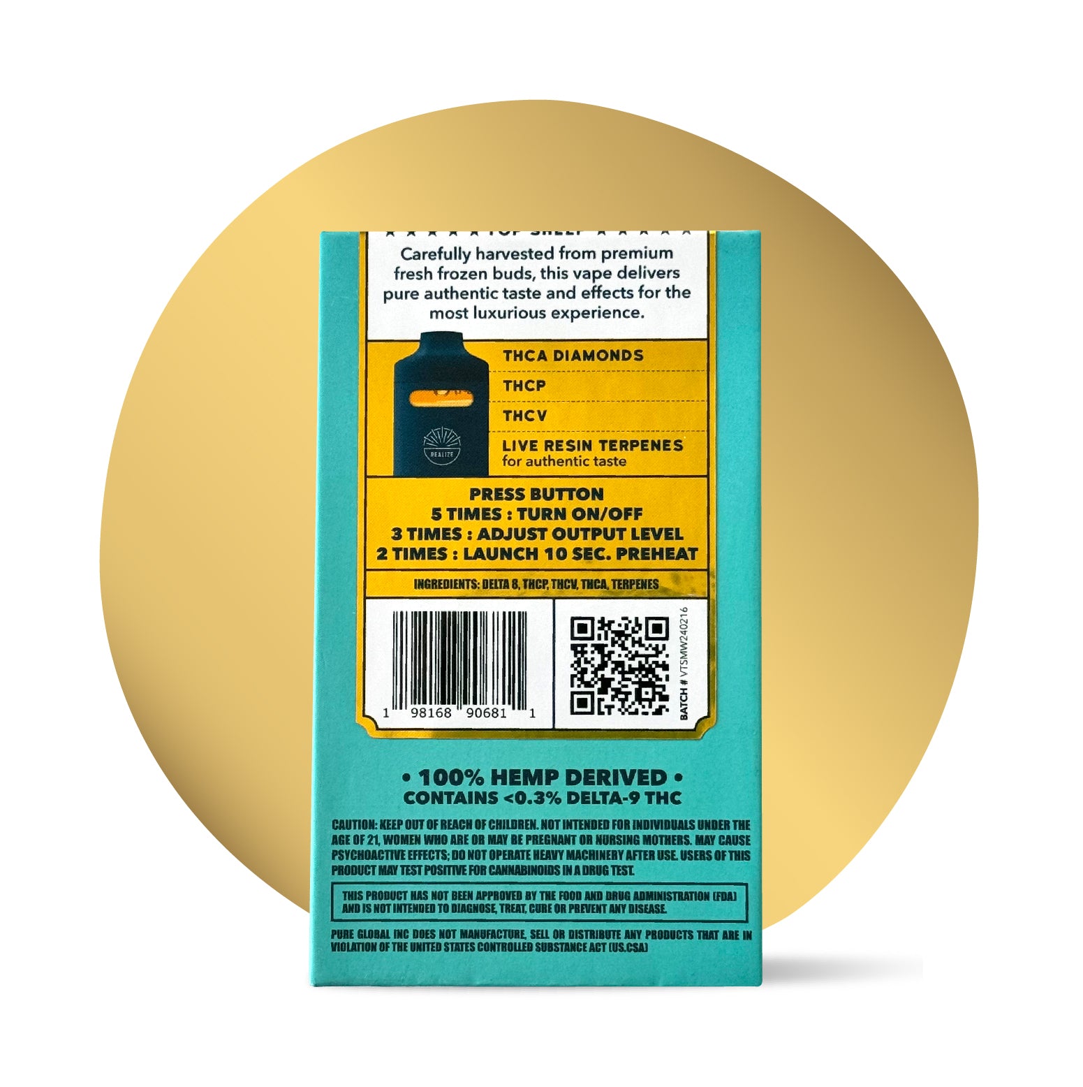 Back of Realize Top Shelf Hawaiian Rain 4 gram disposable vape packaging showing ingredients, usage instructions, barcode, and QR code