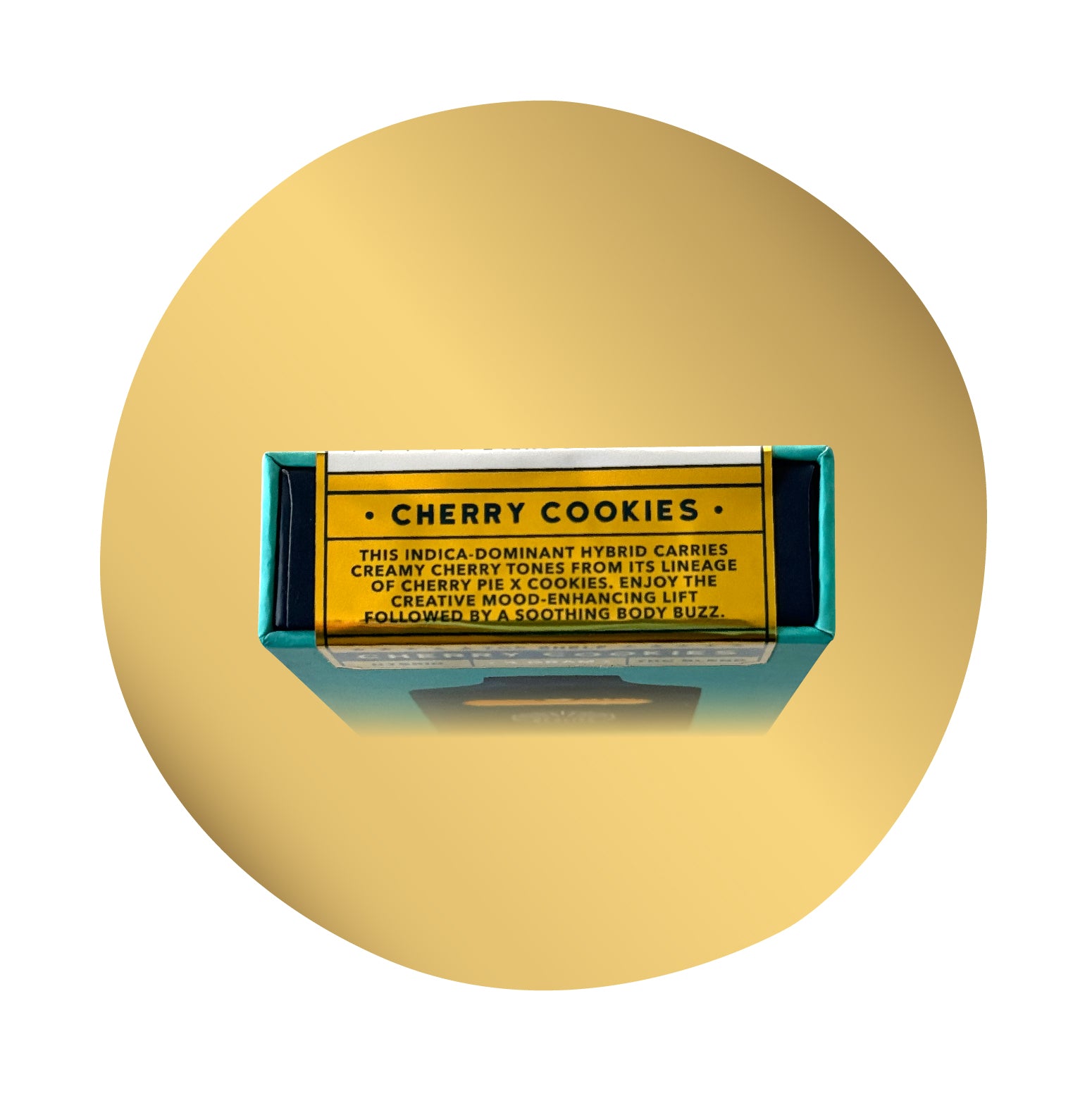 Realize Cherry Cookies disposable vape box side panel with strain description highlighting creamy cherry flavor, uplifting mood effects, and soothing body buzz