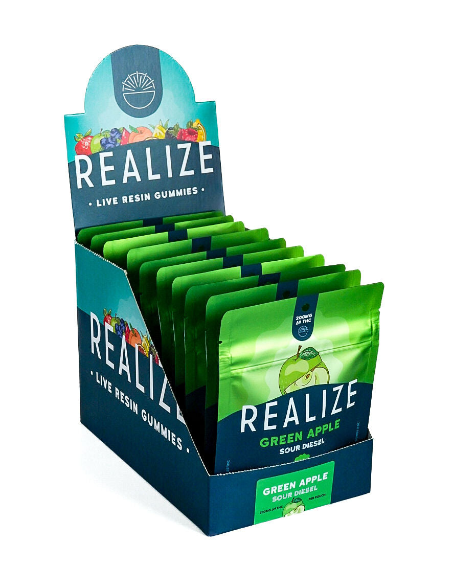 Realize live resin gummies Green Apple Sour Diesel 200mg Delta-9 THC wholesale display box with retail packaging