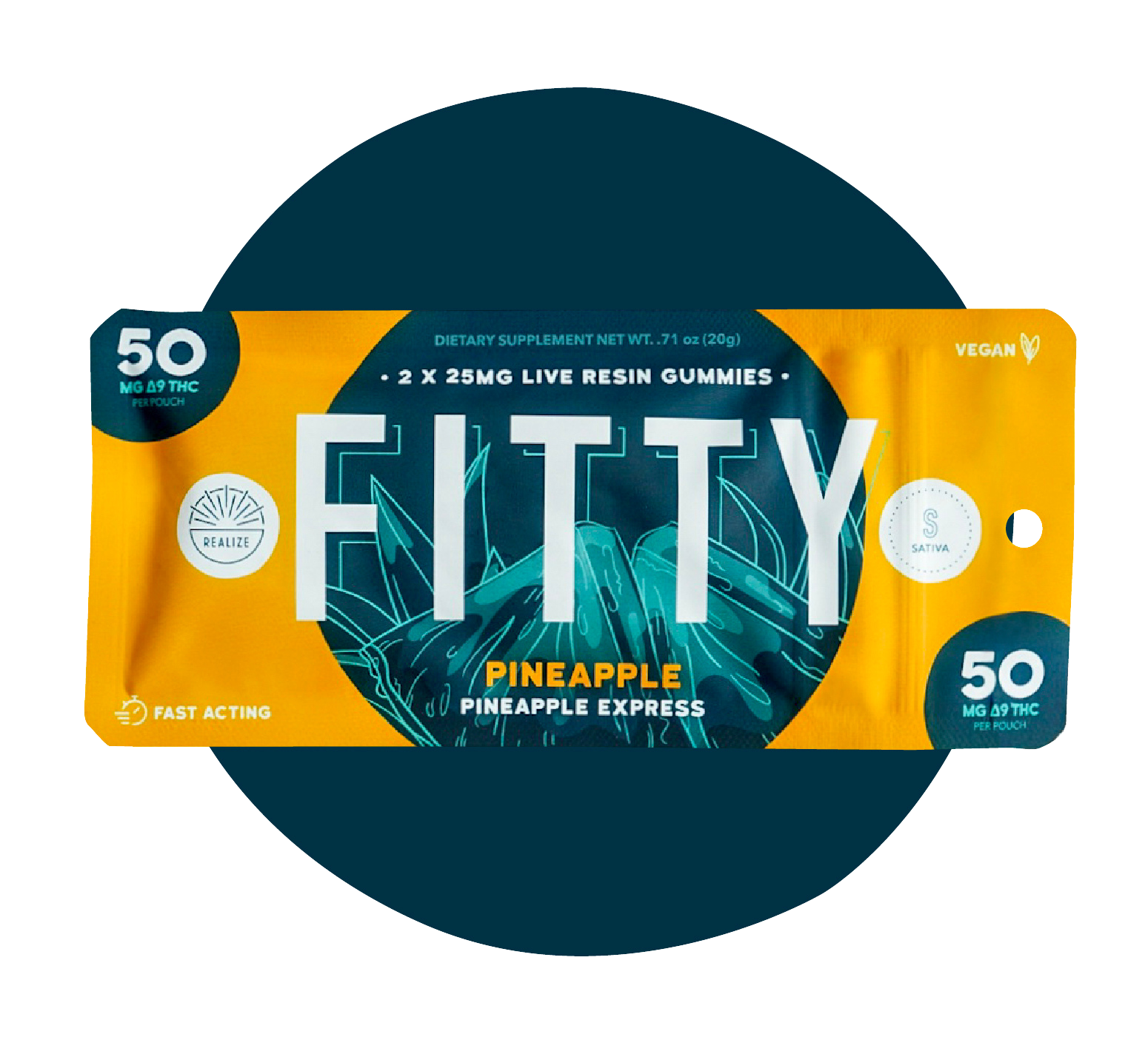 Realize FITTY Pineapple Express live resin gummies sativa with 50mg Delta-9 THC per pouch