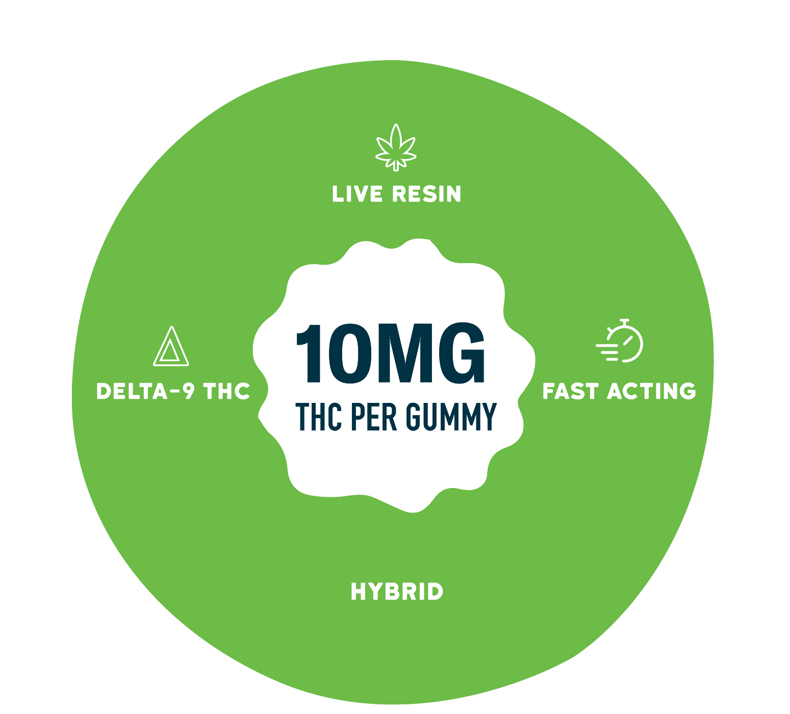 Graphic on a bright green background with a central badge reading “10MG THC per gummy.” Surrounding text and icons highlight “Live Resin,” “Delta-9 THC,” “Fast Acting,” and “Hybrid.”