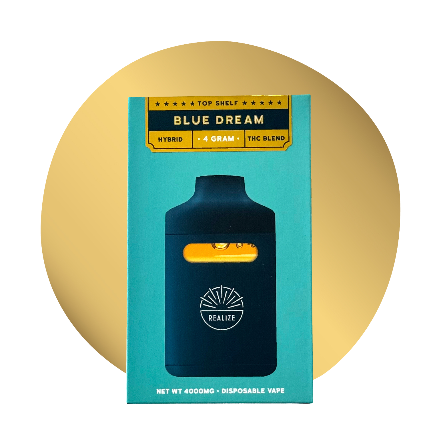 Realize Blue Dream Top Shelf 4 gram disposable vape, hybrid THC blend packaging with device displayed on the front